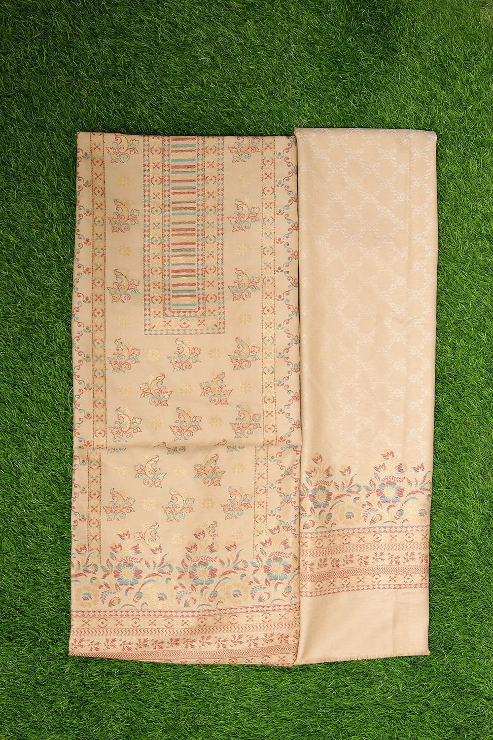 Beige Colour Cotton Zari Kani Stole Suit With Self Woven Embroidery Known For Its Unique Design.