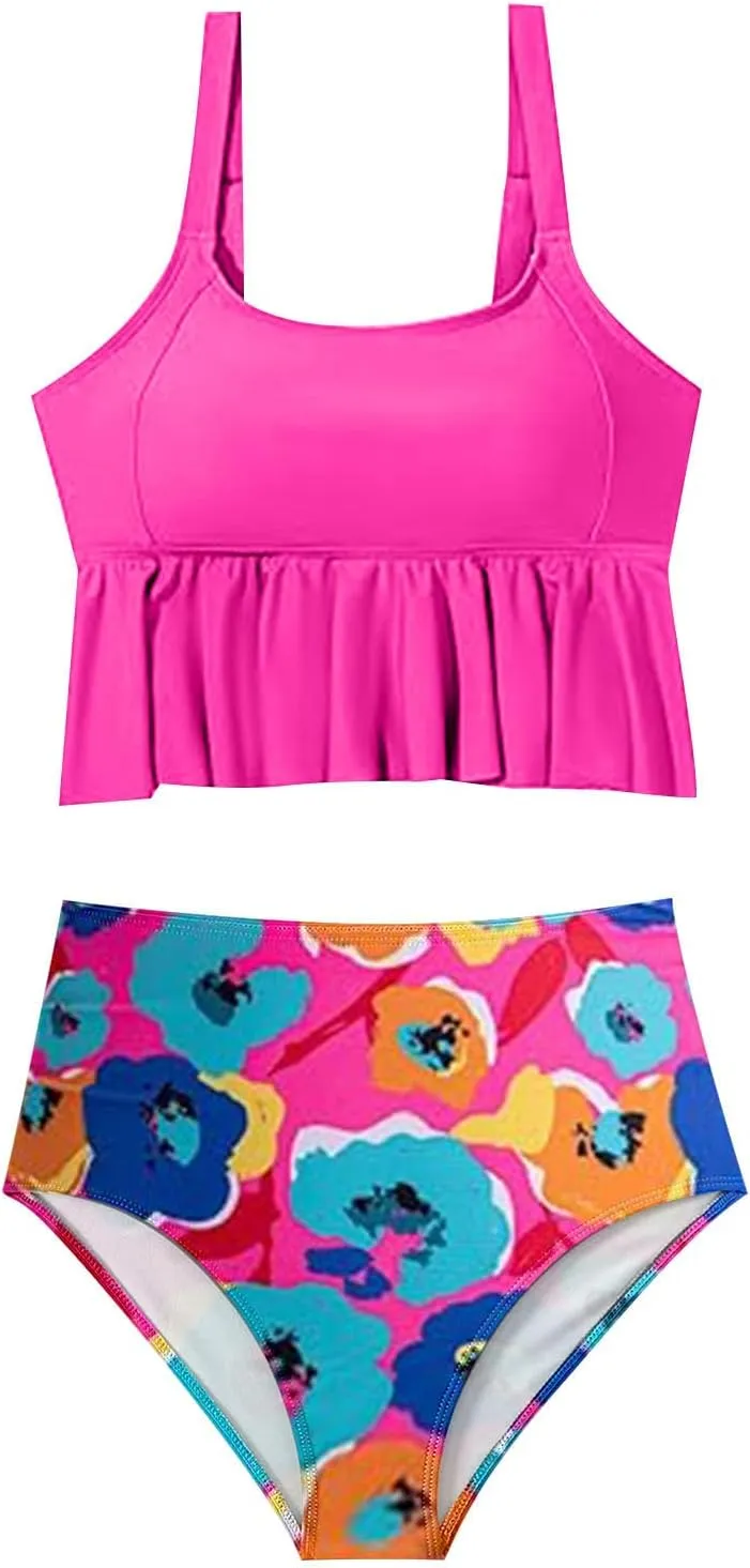 Bikini Set for Women Swimsuits 2025 Ruffle Tops and Floral Bottoms Swim Suit Bathing Suit Two Piece Tankini Swimsuits