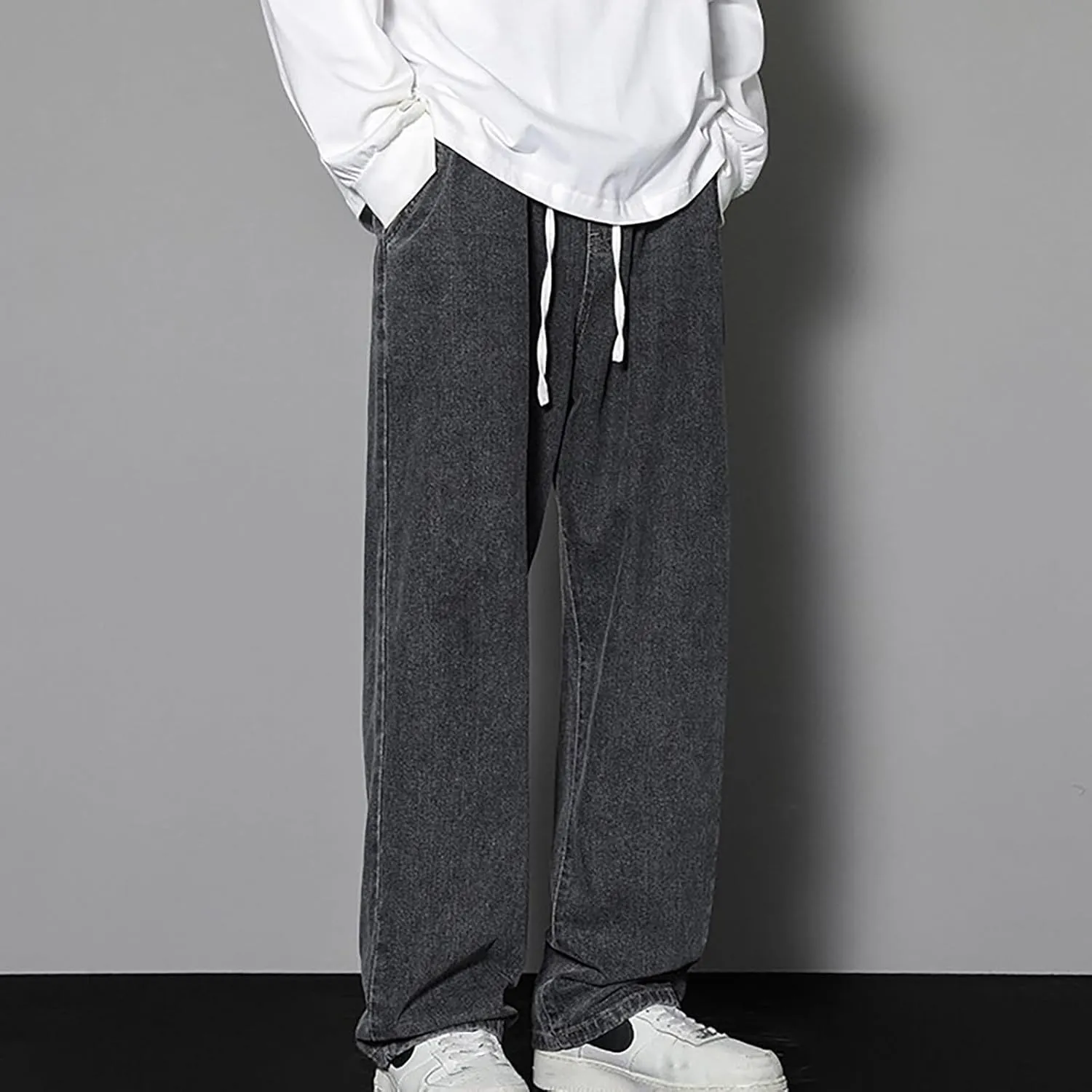 Binmer Streetwear Hip Hop Denim Pants for Men Casual Baggy Sports Drawstring Elastic Waist Wide Leg Trousers Streetwear 2025