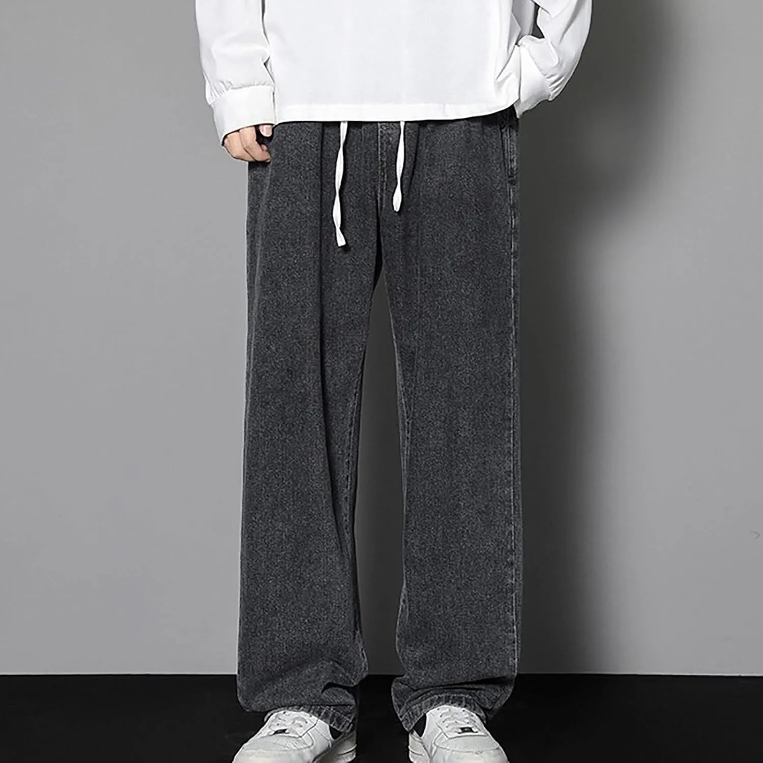 Binmer Streetwear Hip Hop Denim Pants for Men Casual Baggy Sports Drawstring Elastic Waist Wide Leg Trousers Streetwear 2025