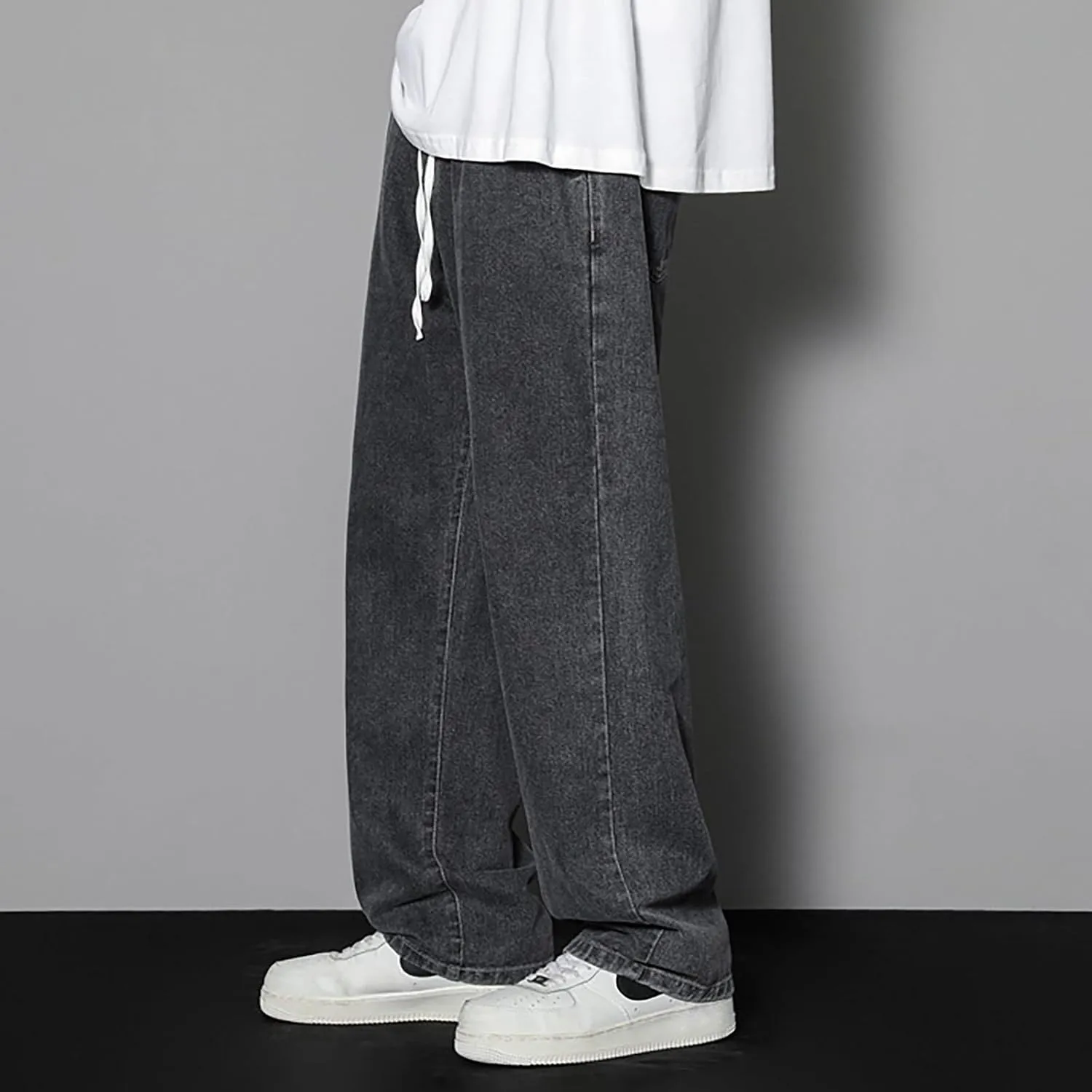 Binmer Streetwear Hip Hop Denim Pants for Men Casual Baggy Sports Drawstring Elastic Waist Wide Leg Trousers Streetwear 2025
