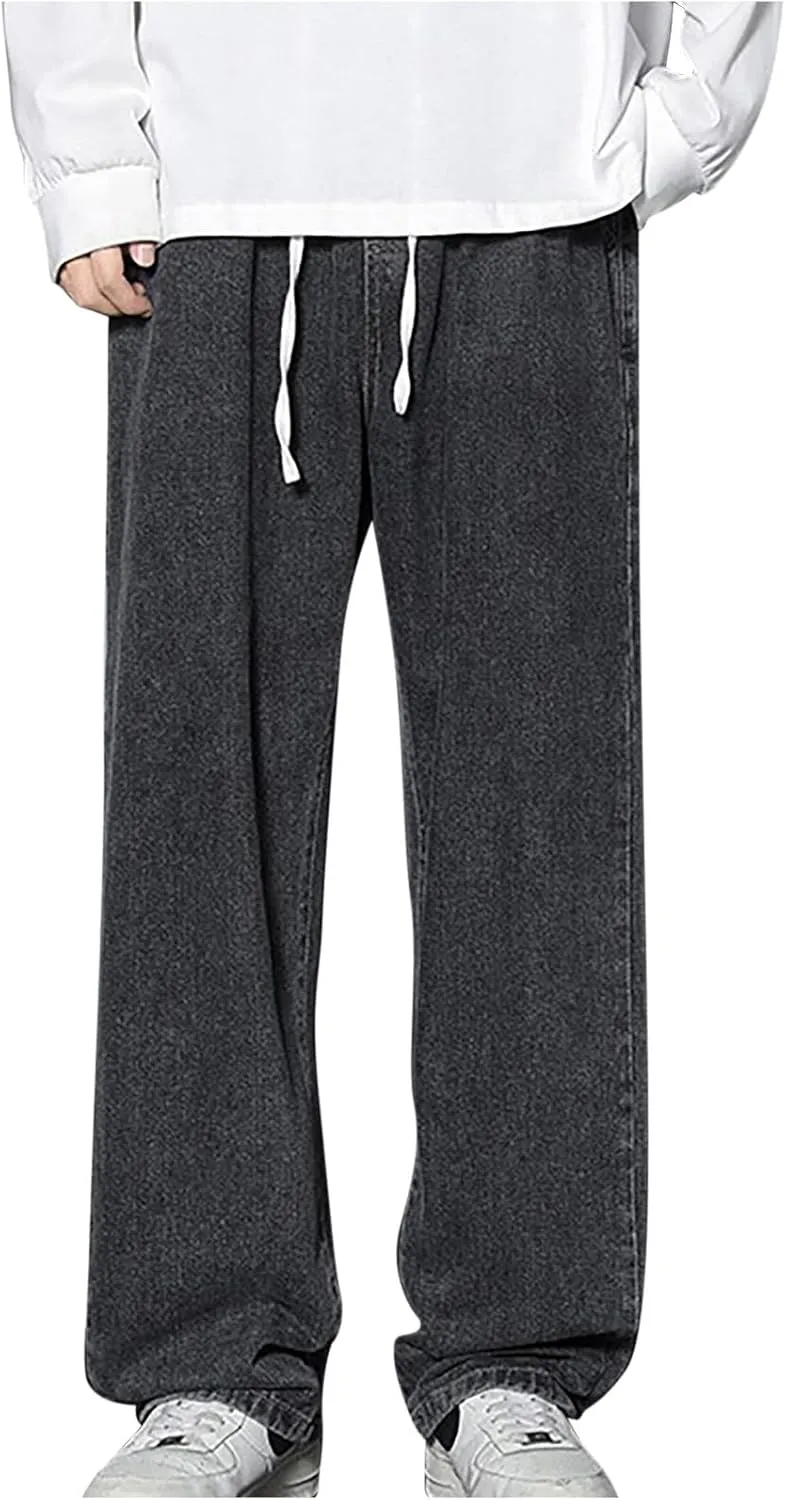Binmer Streetwear Hip Hop Denim Pants for Men Casual Baggy Sports Drawstring Elastic Waist Wide Leg Trousers Streetwear 2025