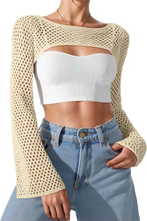 Bloggerlove Crochet Crop Tops for Women Trendy Bolero Hollow Out Shrug Sweaters Sexy Beach Cover Ups Y2K Tops S-XL