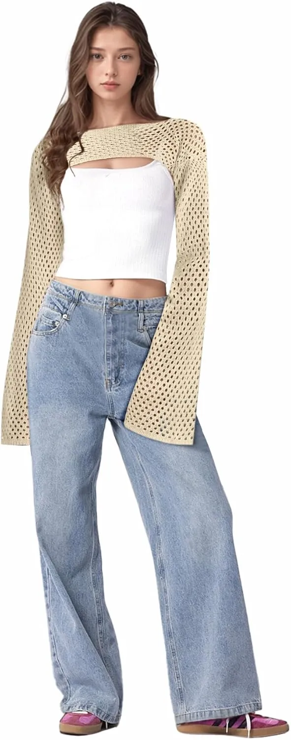 Bloggerlove Crochet Crop Tops for Women Trendy Bolero Hollow Out Shrug Sweaters Sexy Beach Cover Ups Y2K Tops S-XL