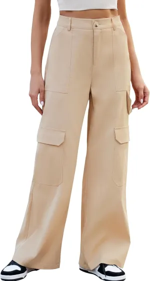 Blooming Jelly Women High Waisted Cargo Pants Wide Leg Baggy Waistband Y2k Pants with Multiple Pockets