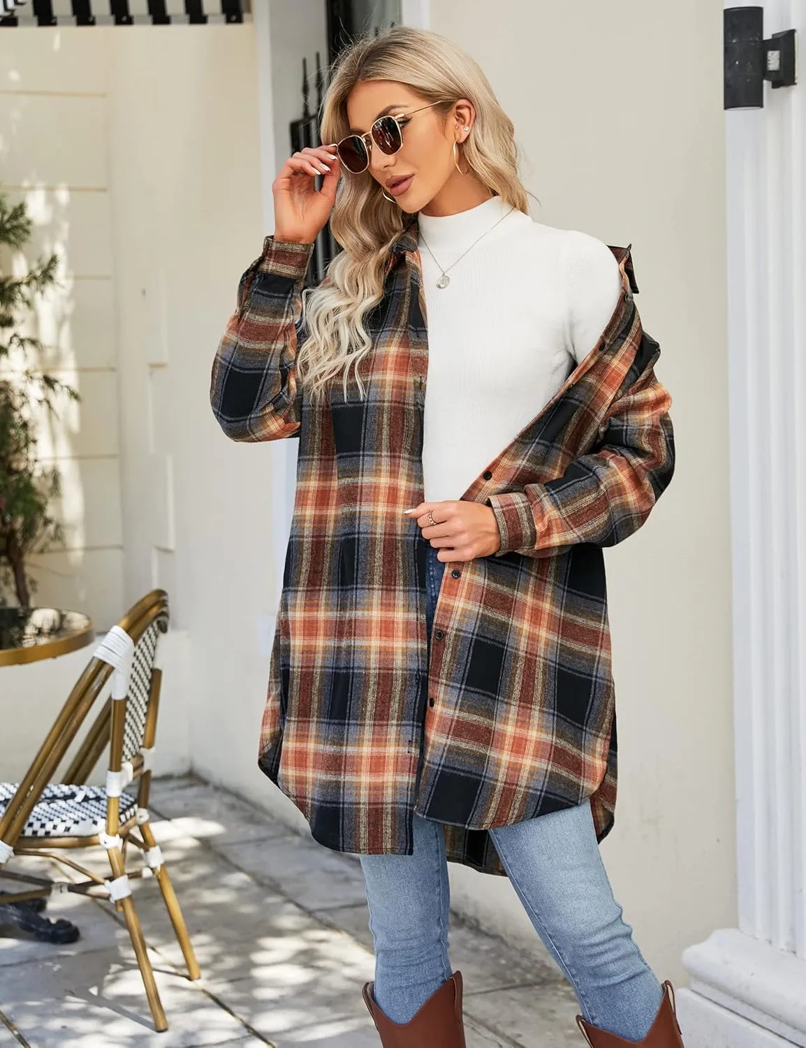 Blooming Jelly Women's Button Down Flannel Shirts Plaid Shacket Long Sleeve Collared Long Jacket Coats