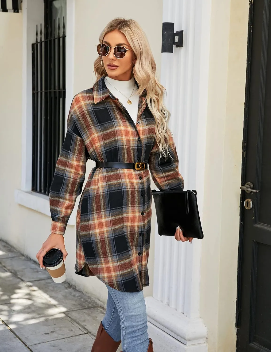 Blooming Jelly Women's Button Down Flannel Shirts Plaid Shacket Long Sleeve Collared Long Jacket Coats