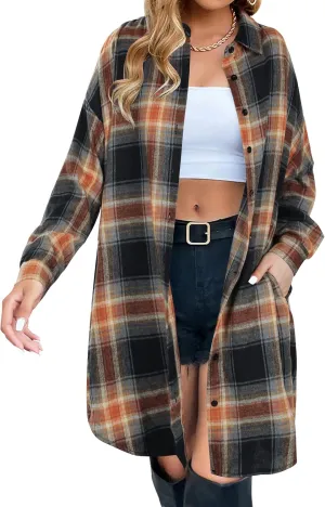 Blooming Jelly Women's Button Down Flannel Shirts Plaid Shacket Long Sleeve Collared Long Jacket Coats