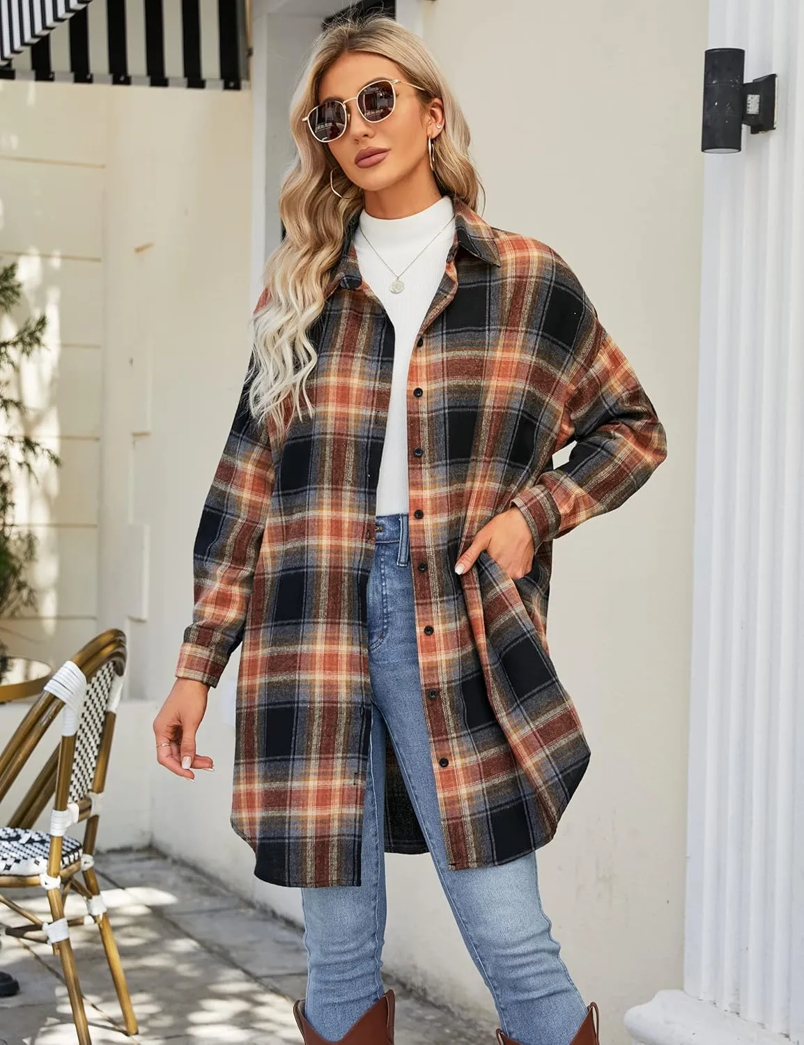 Blooming Jelly Women's Button Down Flannel Shirts Plaid Shacket Long Sleeve Collared Long Jacket Coats
