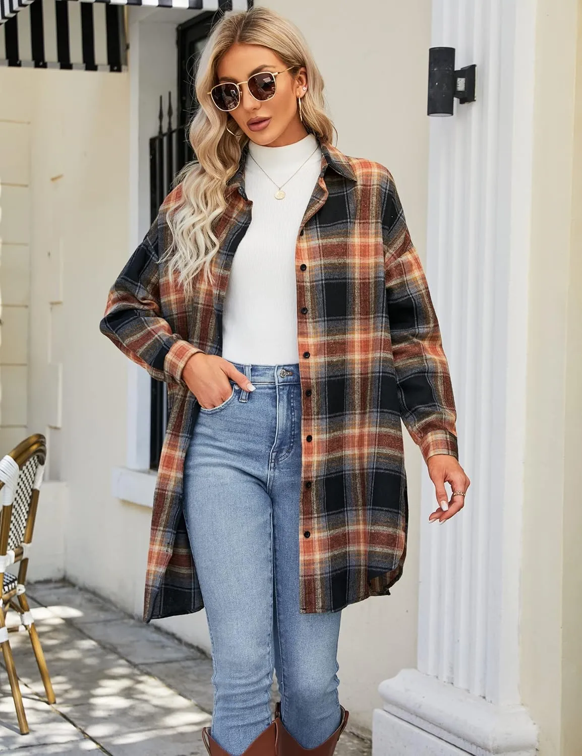 Blooming Jelly Women's Button Down Flannel Shirts Plaid Shacket Long Sleeve Collared Long Jacket Coats