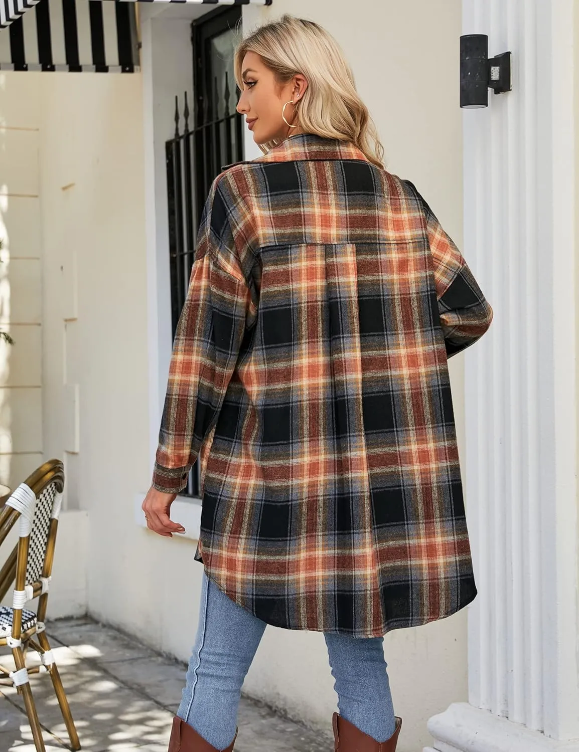 Blooming Jelly Women's Button Down Flannel Shirts Plaid Shacket Long Sleeve Collared Long Jacket Coats