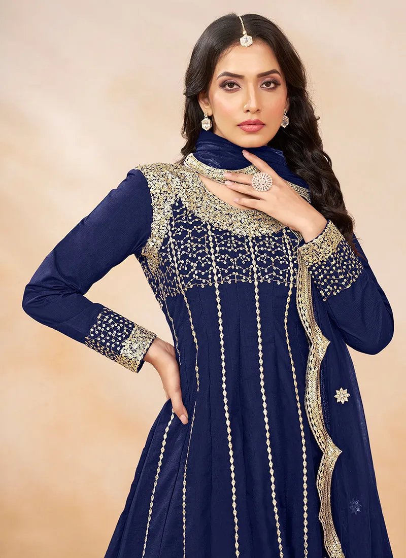 Blue Golden Embroidered Anarkali And Dhoti Style Pant Suit