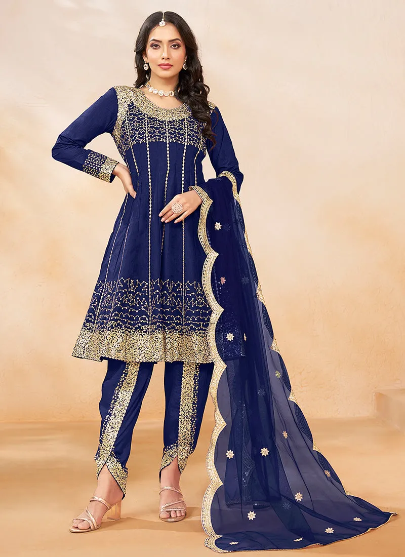 Blue Golden Embroidered Anarkali And Dhoti Style Pant Suit