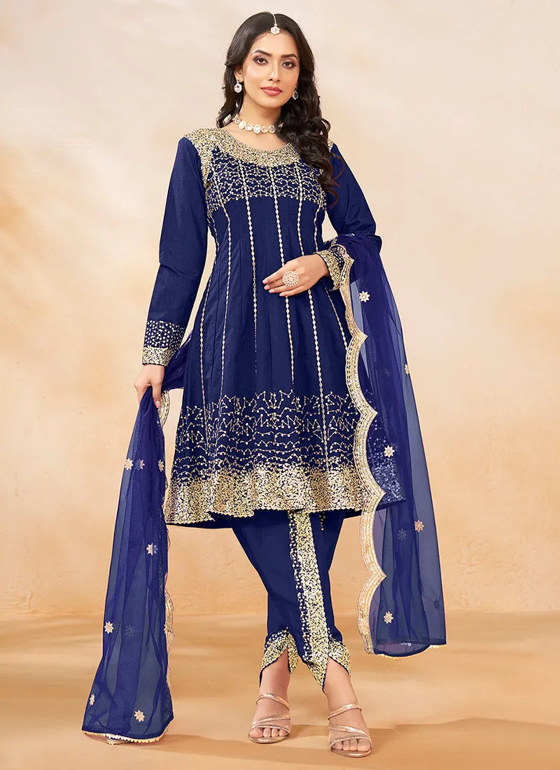 Blue Golden Embroidered Anarkali And Dhoti Style Pant Suit