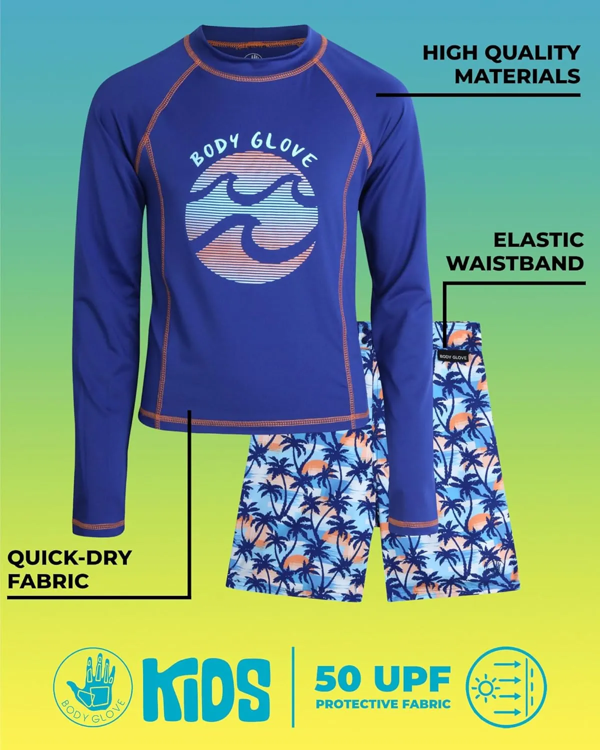 Body Glove Boys Rash Guard Set - UPF 50  Swim Shirt and Bathing Suit Trunks - Swimwear Set for Boys (4-12)