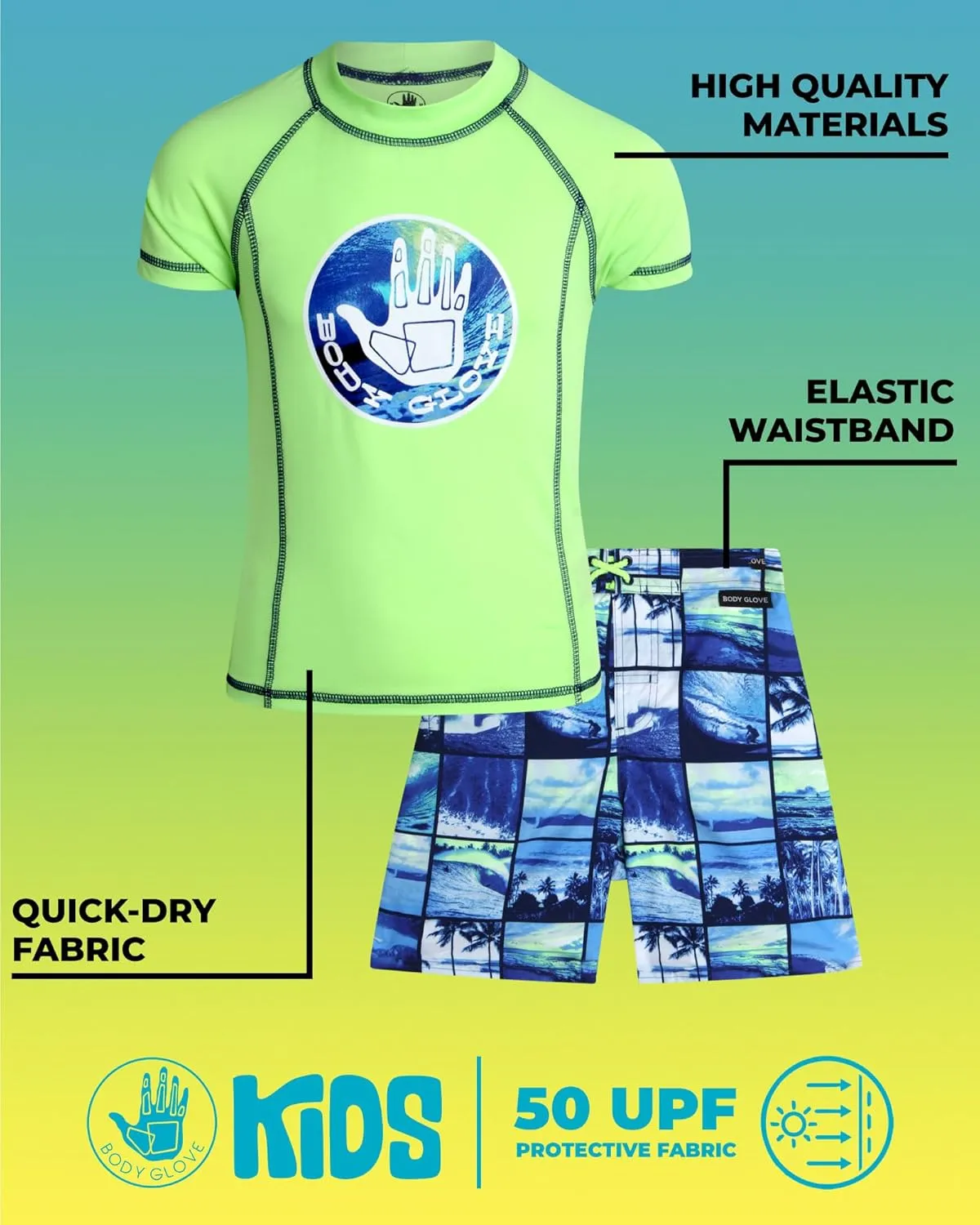Body Glove Boys Rash Guard Set - UPF 50  Swim Shirt and Bathing Suit Trunks - Swimwear Set for Boys (4-12)