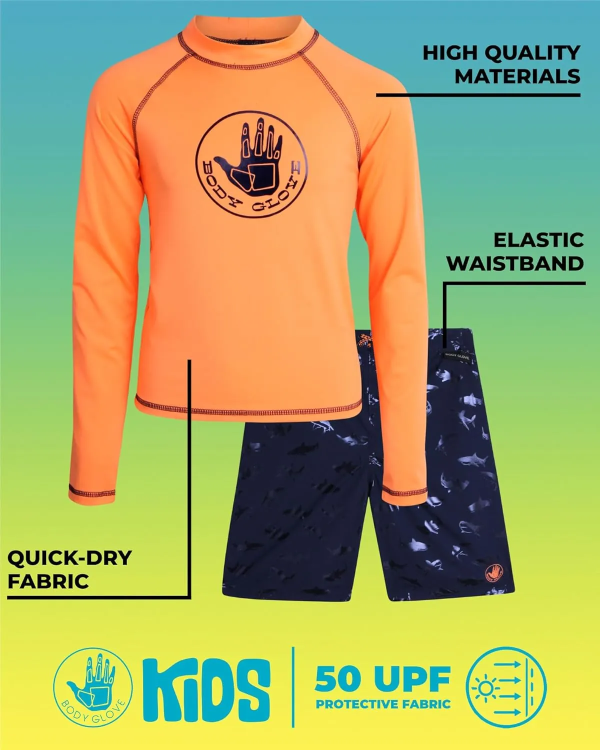 Body Glove Boys Rash Guard Set - UPF 50  Swim Shirt and Bathing Suit Trunks - Swimwear Set for Boys (4-12)