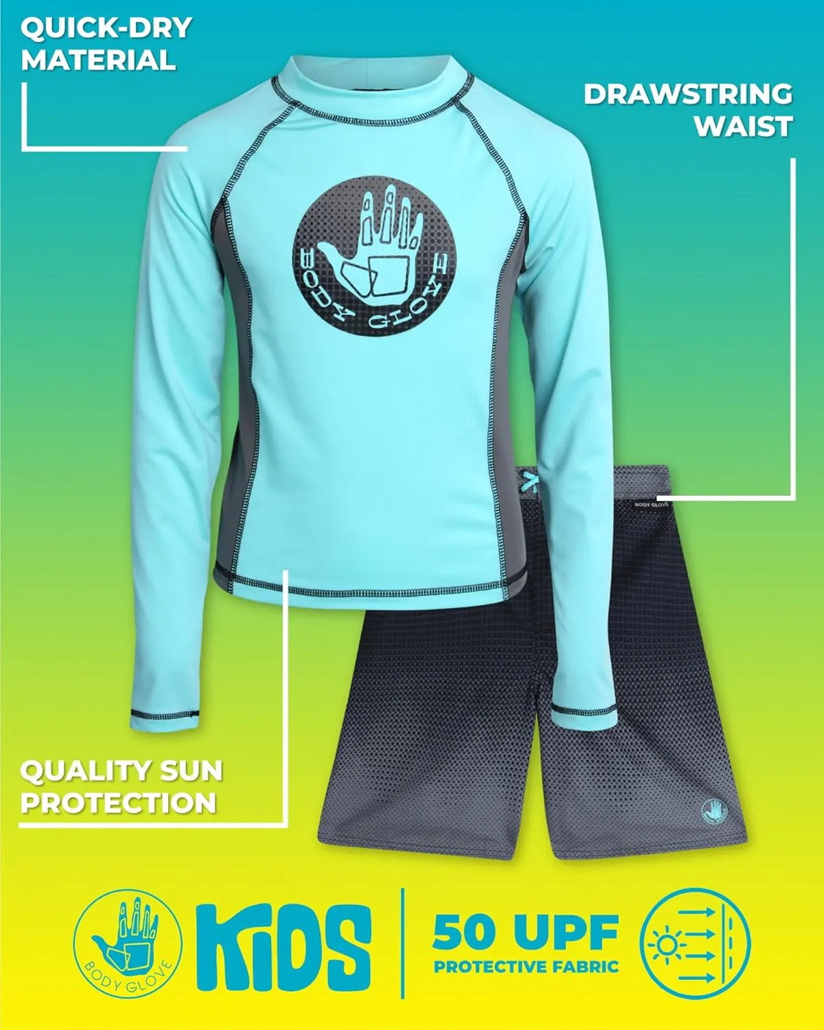 Body Glove Boys' Rash Guard Swim Set - 2 Piece UPF 50  Swim Shirt and Bathing Suit Trunk for Boys (4-12)