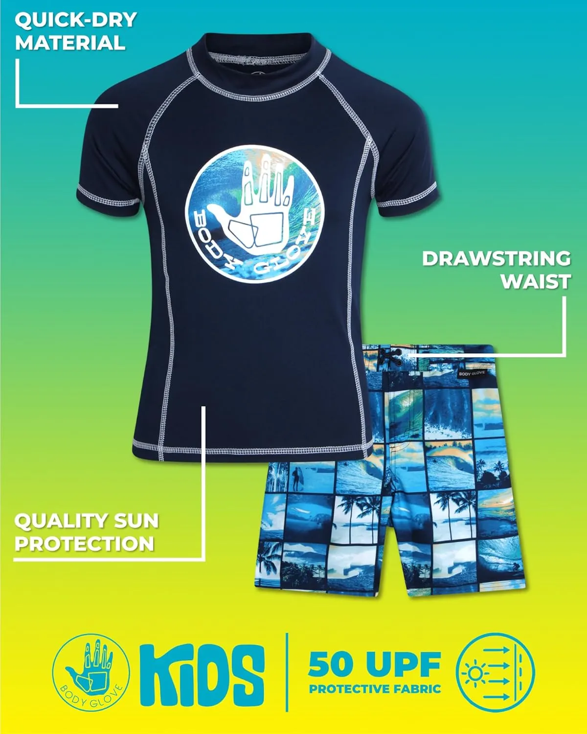 Body Glove Boys' Rash Guard Swim Set - 2 Piece UPF 50  Swim Shirt and Bathing Suit Trunk for Boys (4-12)
