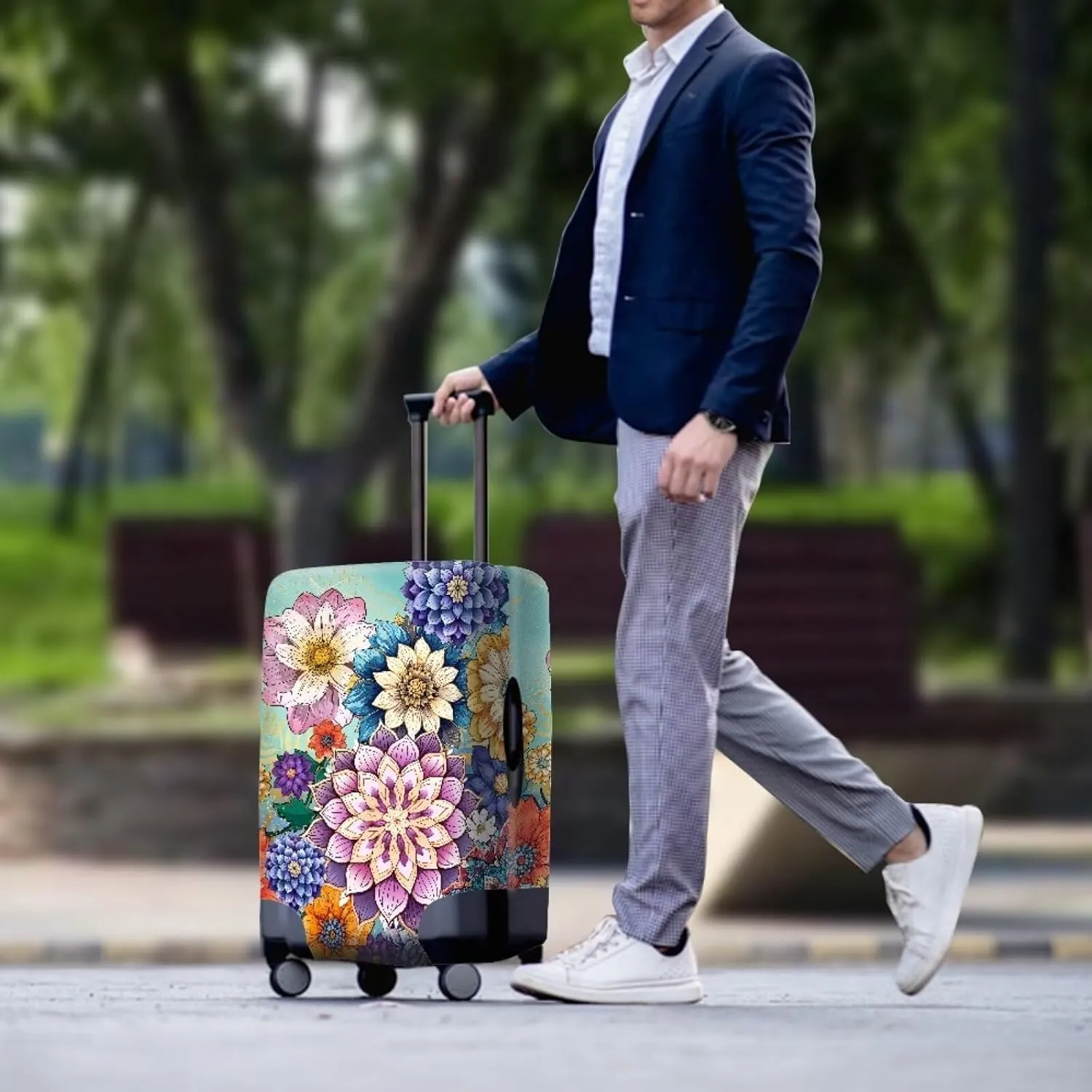 Boho Flower Suitcase Cover - 25-28 Inch - Spinner Wheels - Carrying Handle - Water Resistant - Soft Shell - Design
