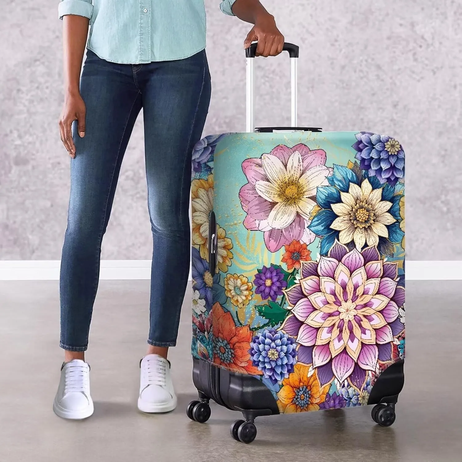 Boho Flower Suitcase Cover - 25-28 Inch - Spinner Wheels - Carrying Handle - Water Resistant - Soft Shell - Design