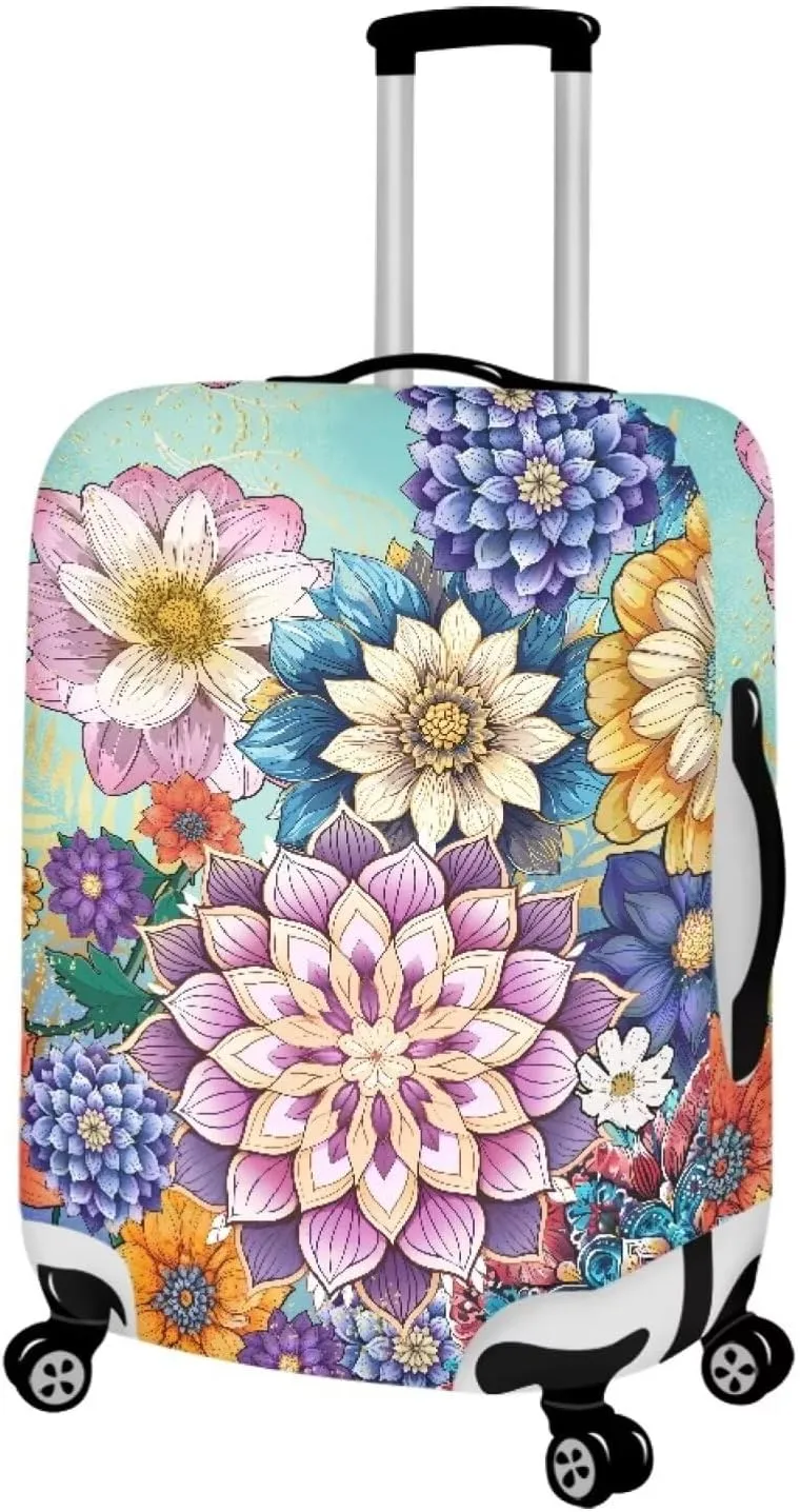 Boho Flower Suitcase Cover - 25-28 Inch - Spinner Wheels - Carrying Handle - Water Resistant - Soft Shell - Design