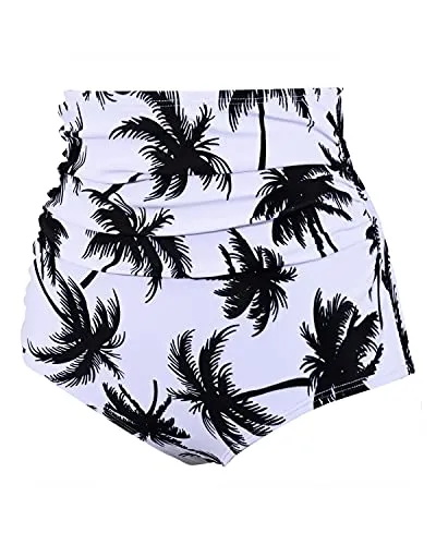 Booty Coverage High Waisted Swim Bottom For Women-Black Palm Tree