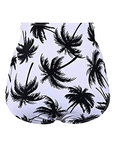 Booty Coverage High Waisted Swim Bottom For Women-Black Palm Tree