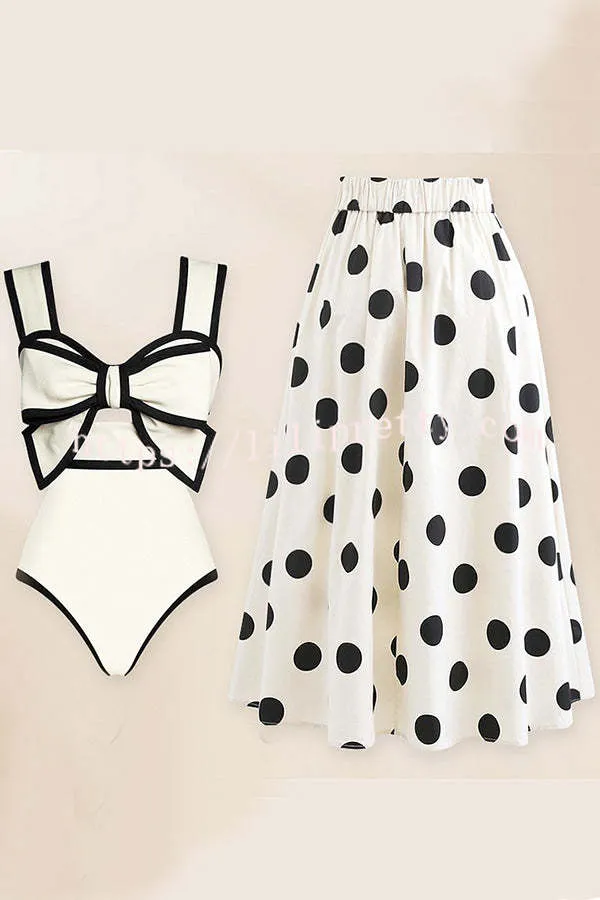 Bow Swimsuit and Elastic Waist Spotted One Piece Swimsuit   Skirt