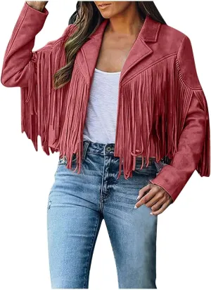 BOXIACEY Fringe Jacket Women Faux Suede Leather Tassel Jackets Solid Motorcycle Open Front Coat Fall Fashion 2025 Outerwear