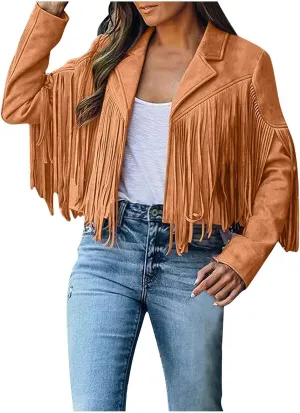 BOXIACEY Fringe Jacket Women Faux Suede Leather Tassel Jackets Solid Motorcycle Open Front Coat Fall Fashion 2025 Outerwear