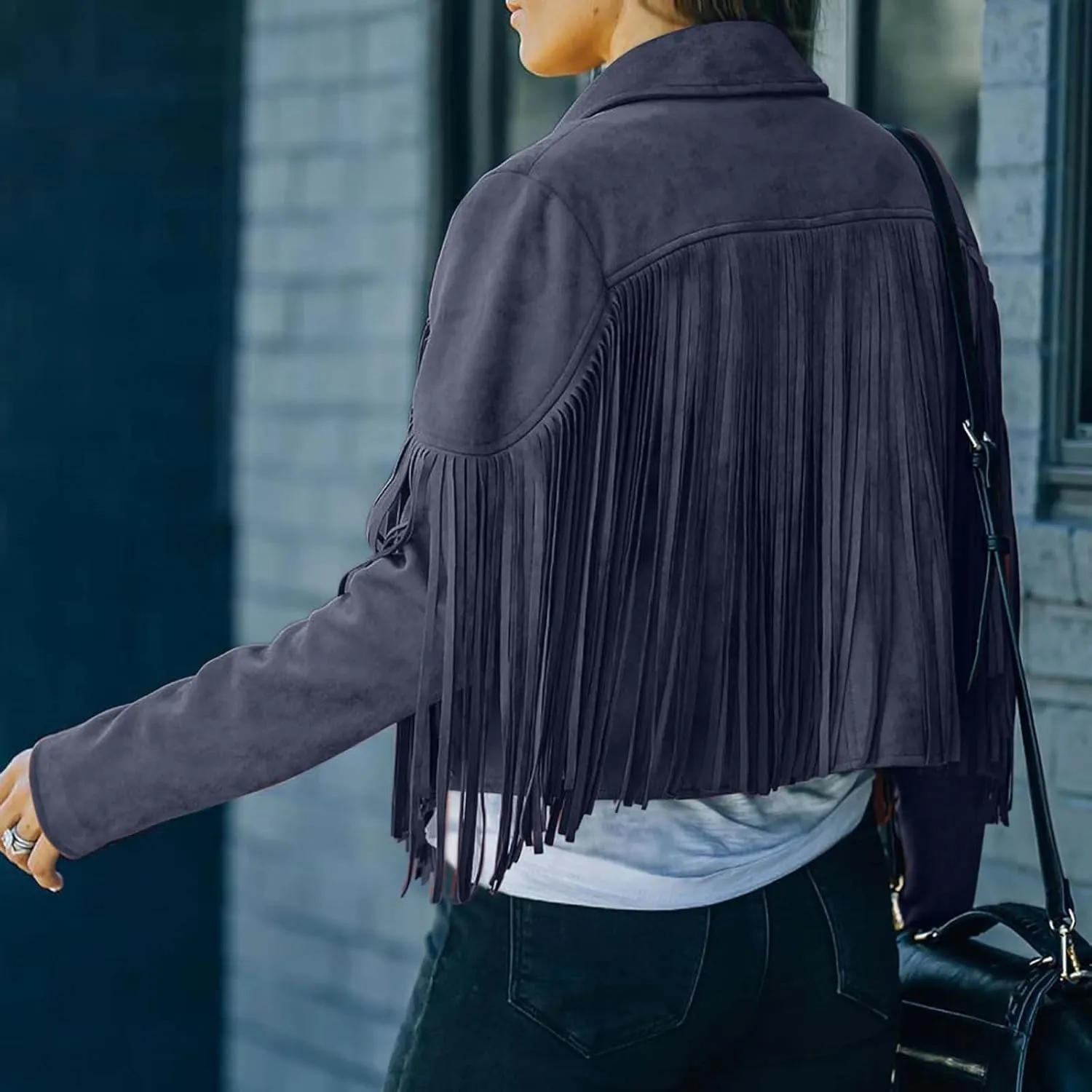 BOXIACEY Fringe Jacket Women Faux Suede Leather Tassel Jackets Solid Motorcycle Open Front Coat Fall Fashion 2025 Outerwear