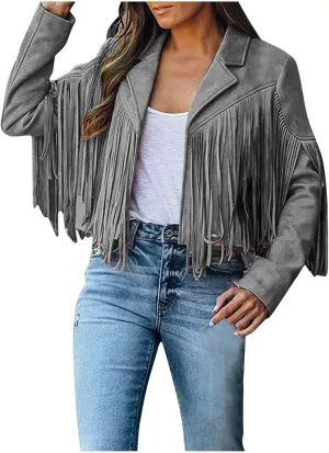 BOXIACEY Fringe Jacket Women Faux Suede Leather Tassel Jackets Solid Motorcycle Open Front Coat Fall Fashion 2025 Outerwear