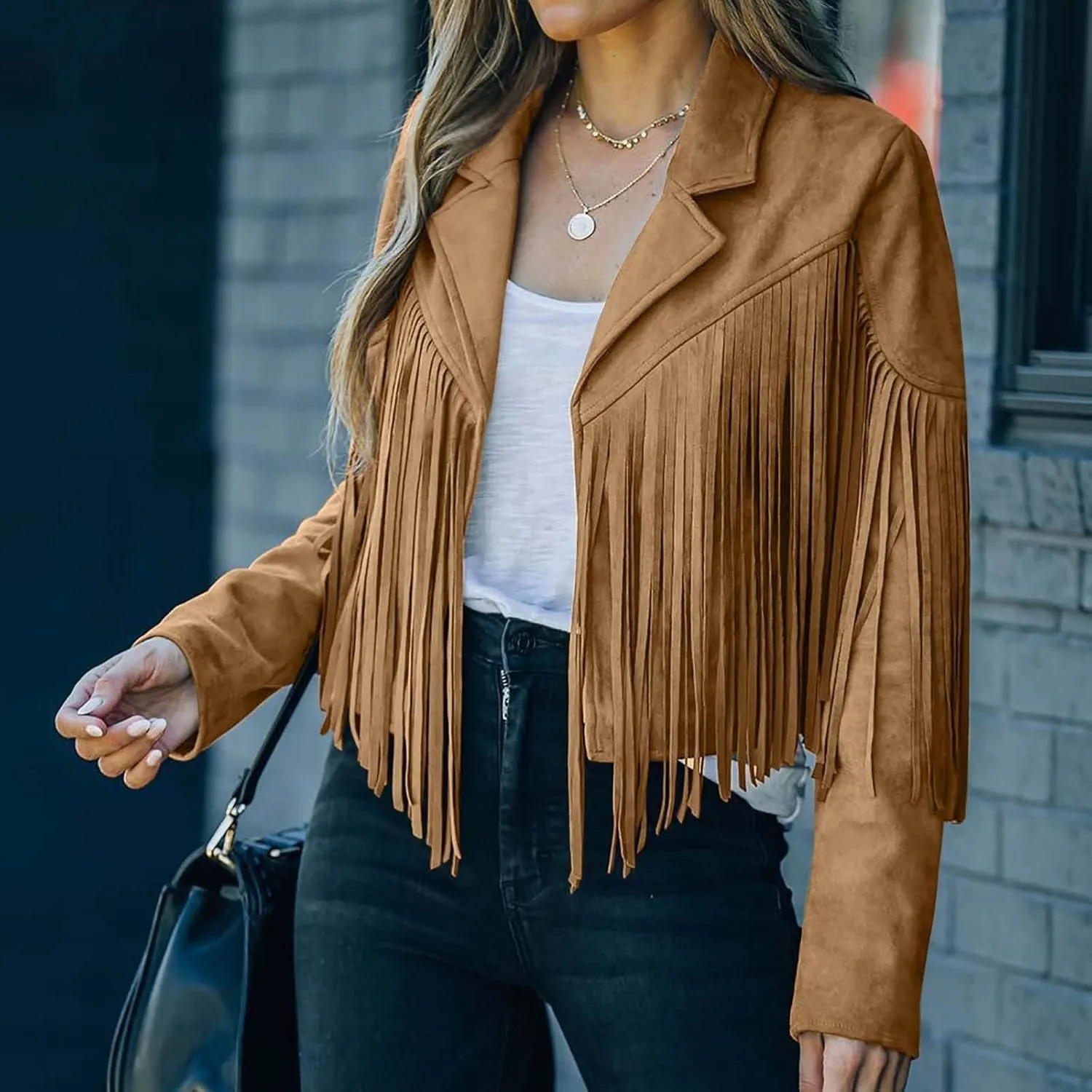 BOXIACEY Fringe Jacket Women Faux Suede Leather Tassel Jackets Solid Motorcycle Open Front Coat Fall Fashion 2025 Outerwear