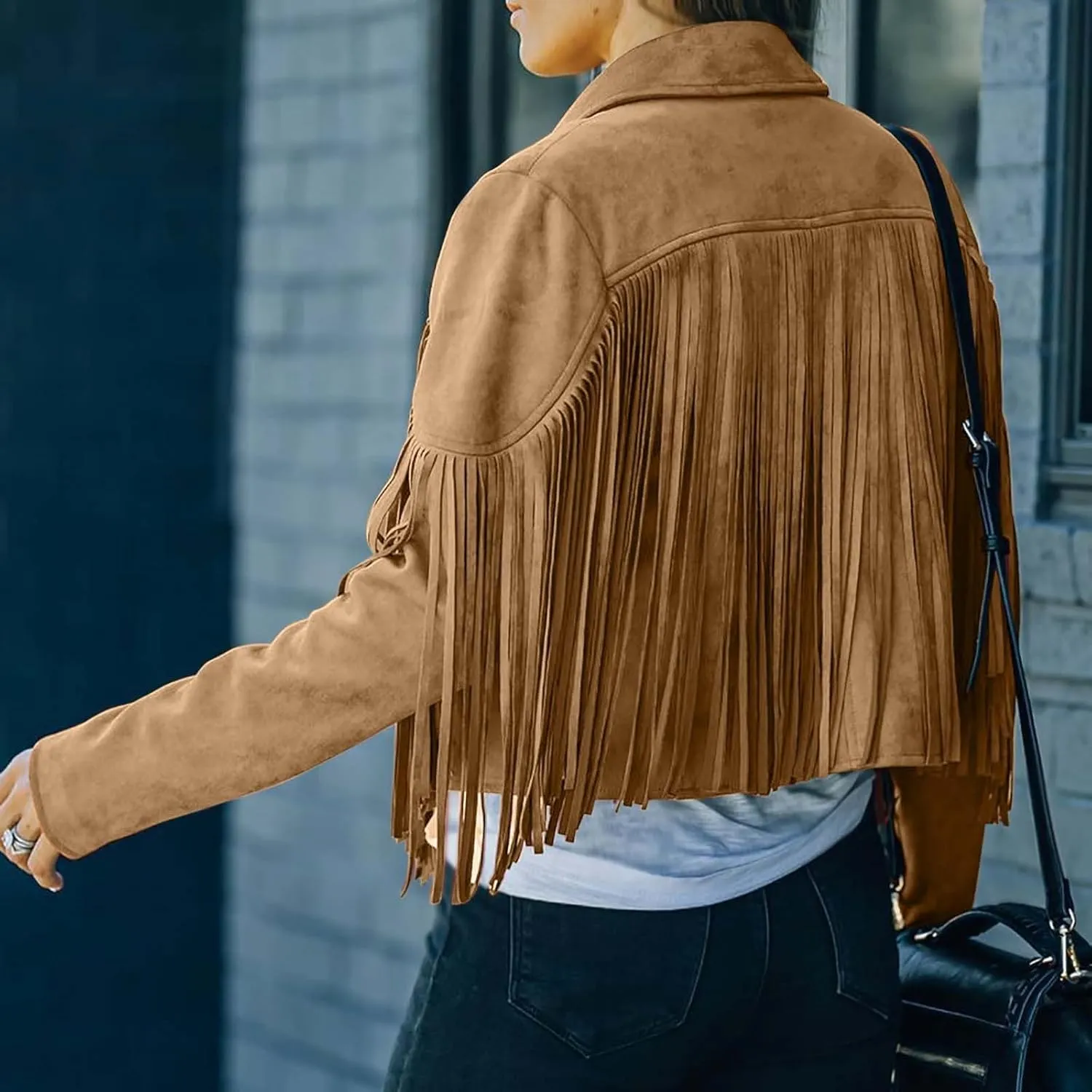 BOXIACEY Fringe Jacket Women Faux Suede Leather Tassel Jackets Solid Motorcycle Open Front Coat Fall Fashion 2025 Outerwear