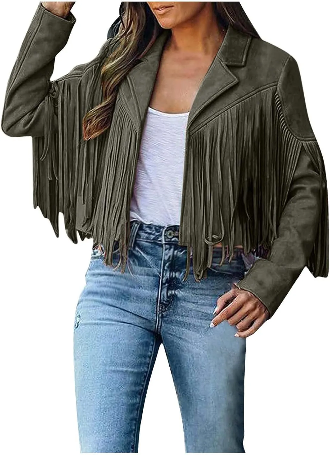 BOXIACEY Fringe Jacket Women Faux Suede Leather Tassel Jackets Solid Motorcycle Open Front Coat Fall Fashion 2025 Outerwear