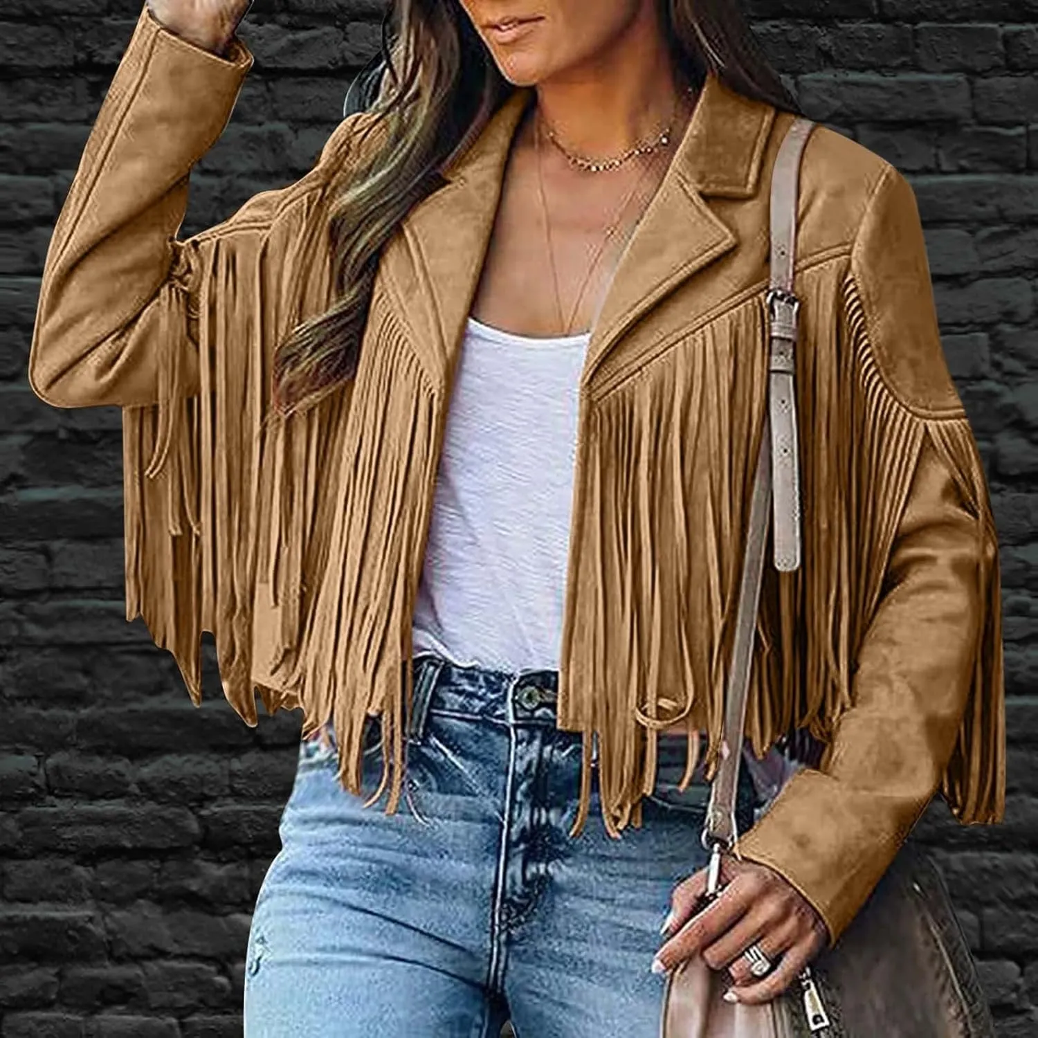 BOXIACEY Fringe Jacket Women Faux Suede Leather Tassel Jackets Solid Motorcycle Open Front Coat Fall Fashion 2025 Outerwear