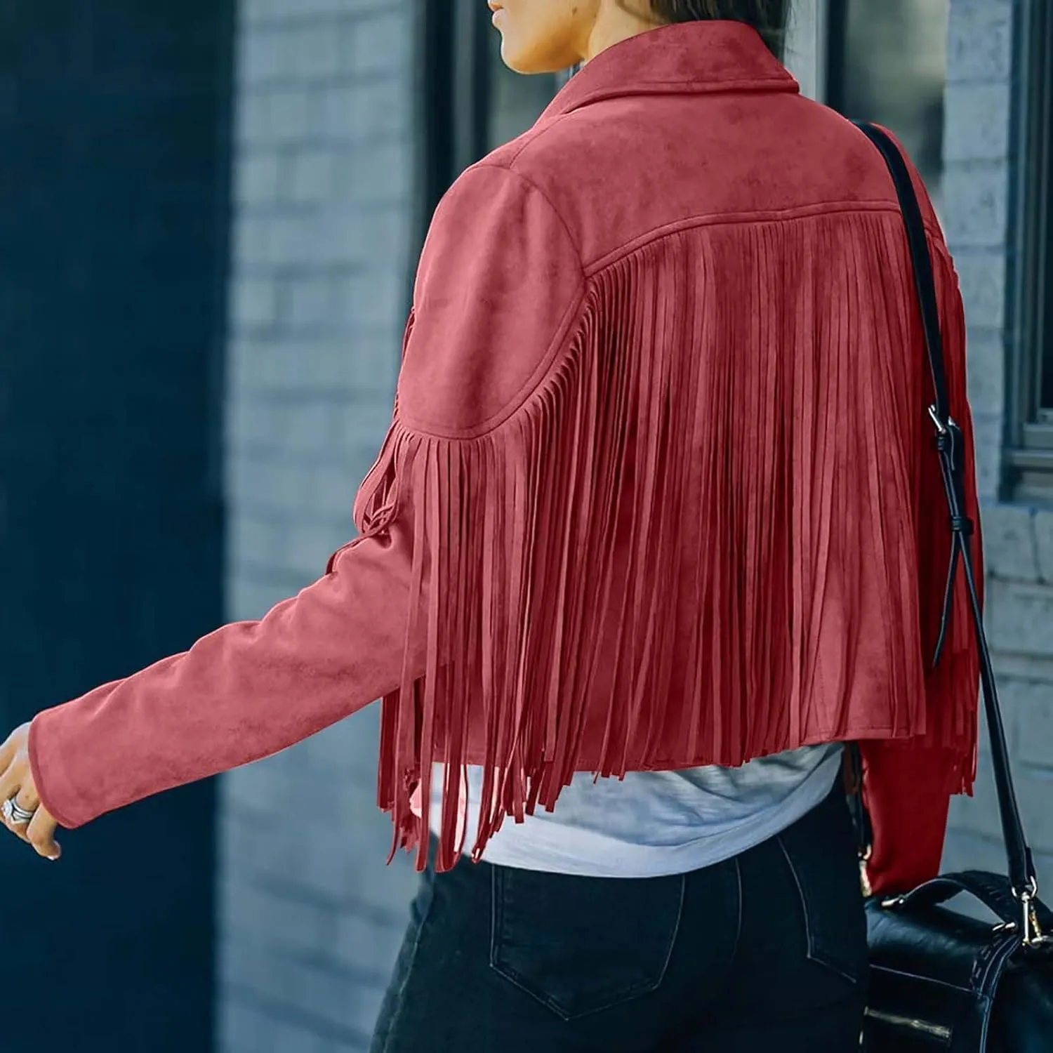 BOXIACEY Fringe Jacket Women Faux Suede Leather Tassel Jackets Solid Motorcycle Open Front Coat Fall Fashion 2025 Outerwear