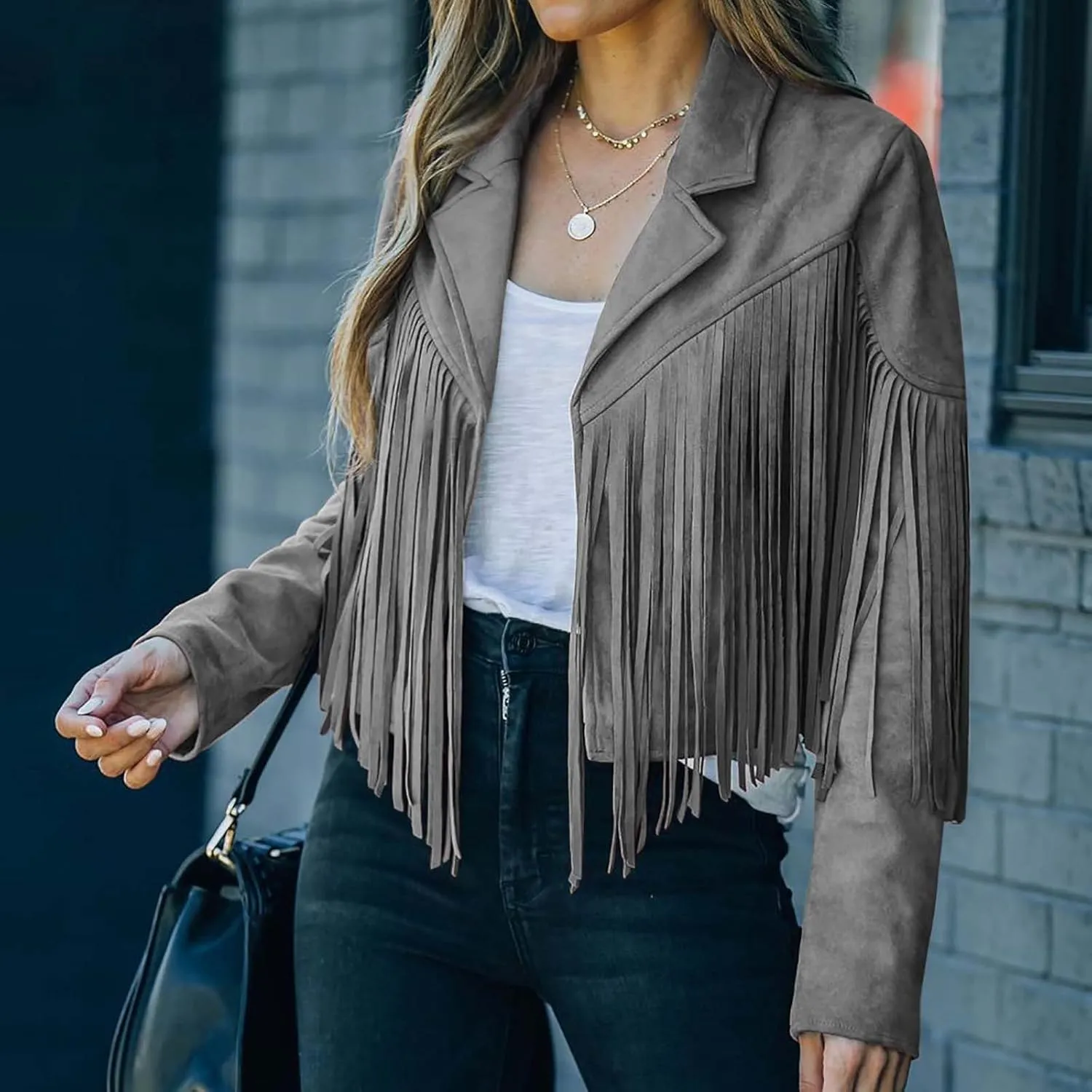 BOXIACEY Fringe Jacket Women Faux Suede Leather Tassel Jackets Solid Motorcycle Open Front Coat Fall Fashion 2025 Outerwear