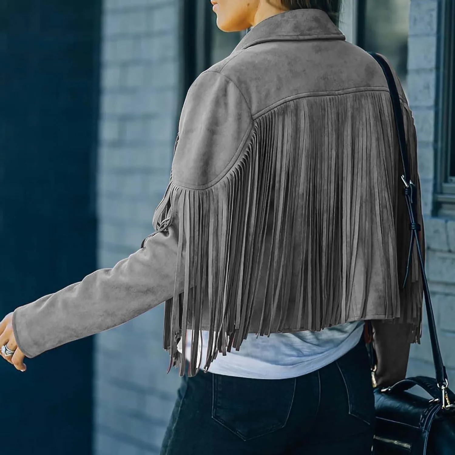 BOXIACEY Fringe Jacket Women Faux Suede Leather Tassel Jackets Solid Motorcycle Open Front Coat Fall Fashion 2025 Outerwear