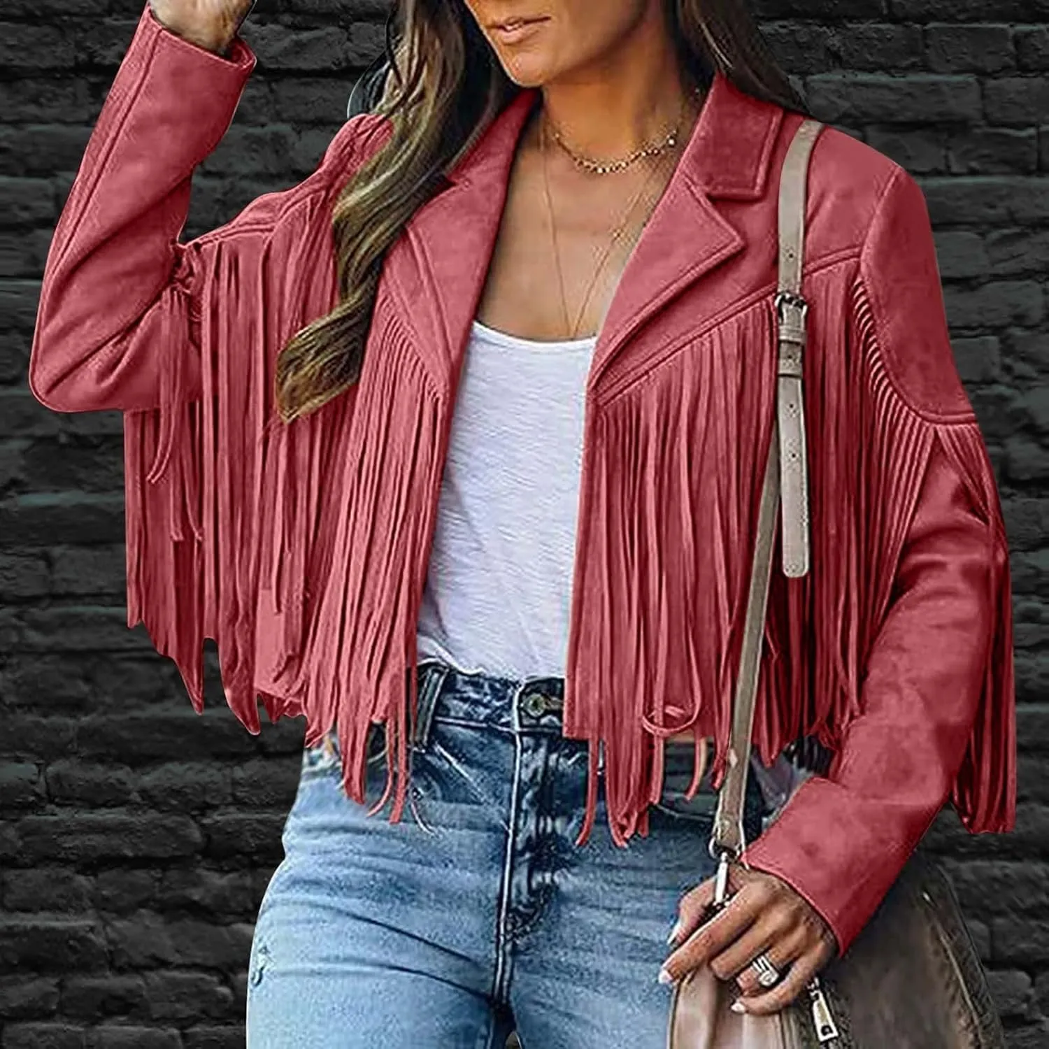 BOXIACEY Fringe Jacket Women Faux Suede Leather Tassel Jackets Solid Motorcycle Open Front Coat Fall Fashion 2025 Outerwear
