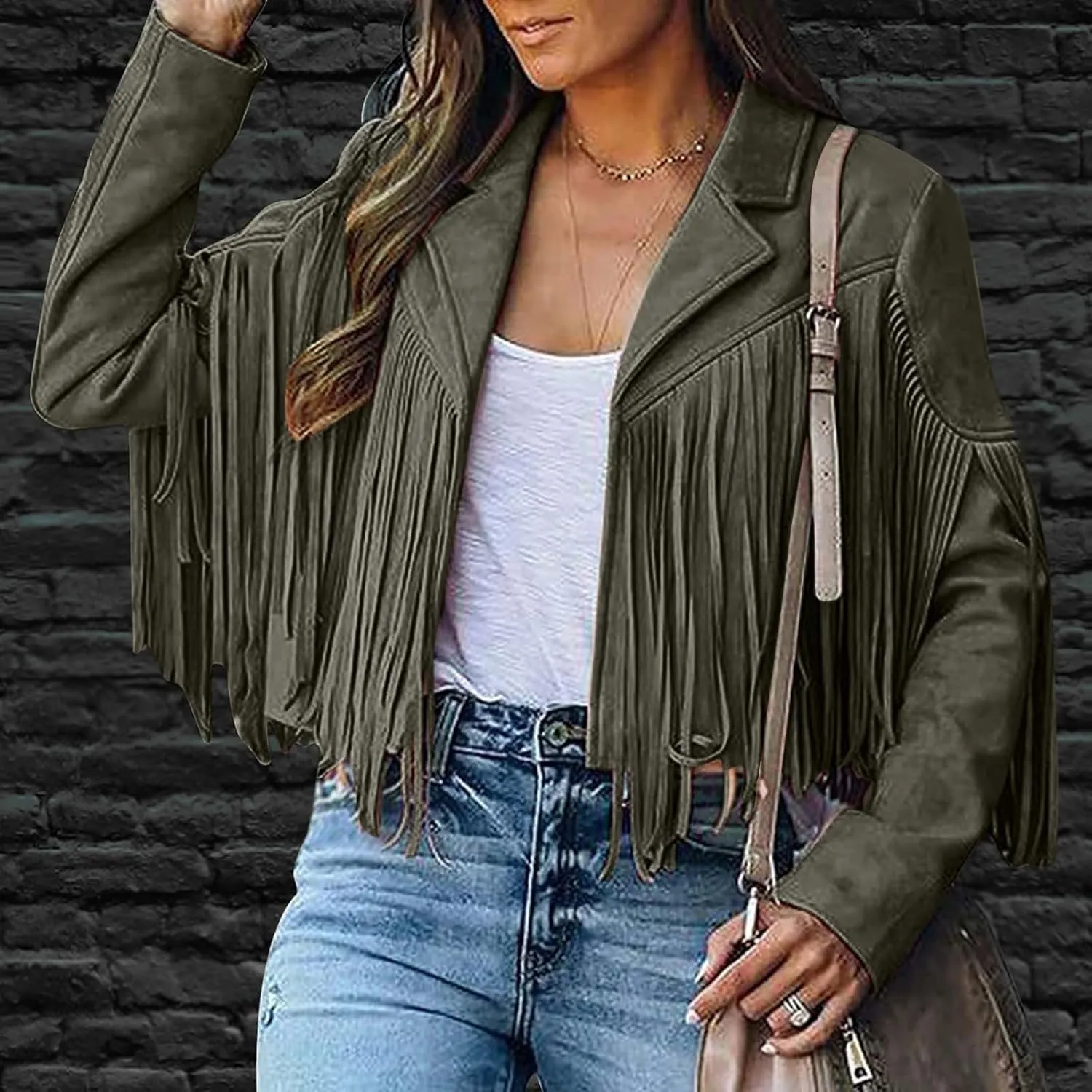 BOXIACEY Fringe Jacket Women Faux Suede Leather Tassel Jackets Solid Motorcycle Open Front Coat Fall Fashion 2025 Outerwear