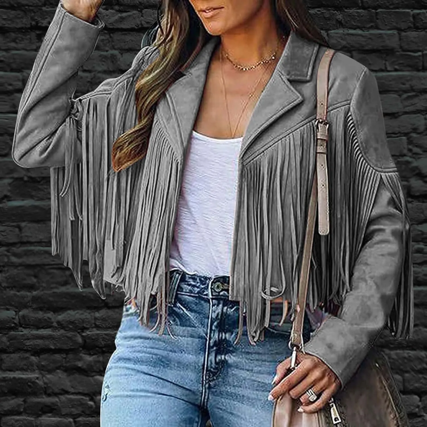 BOXIACEY Fringe Jacket Women Faux Suede Leather Tassel Jackets Solid Motorcycle Open Front Coat Fall Fashion 2025 Outerwear
