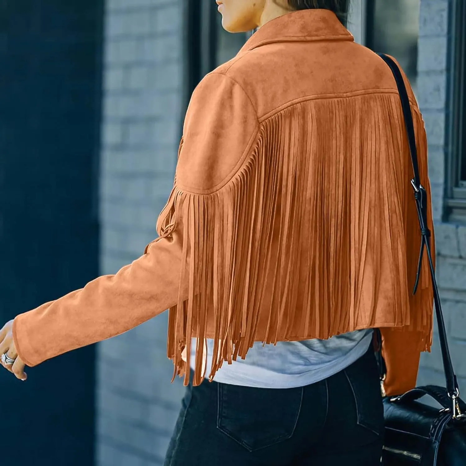 BOXIACEY Fringe Jacket Women Faux Suede Leather Tassel Jackets Solid Motorcycle Open Front Coat Fall Fashion 2025 Outerwear