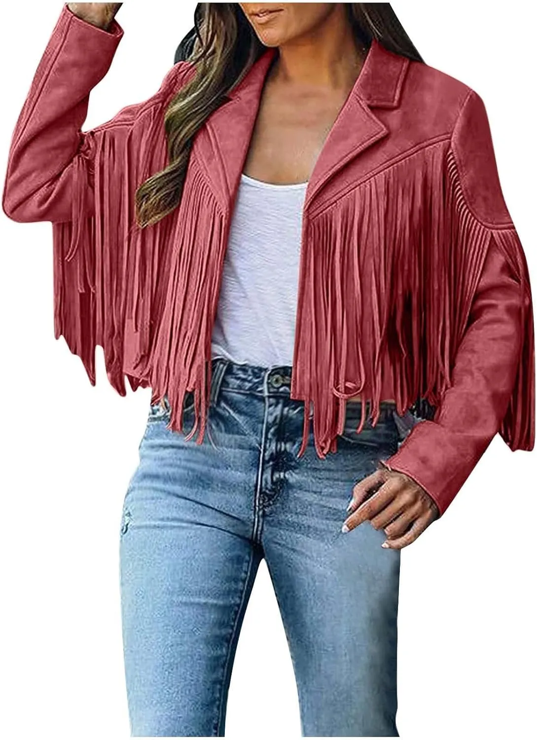 BOXIACEY Fringe Jacket Women Faux Suede Leather Tassel Jackets Solid Motorcycle Open Front Coat Fall Fashion 2025 Outerwear