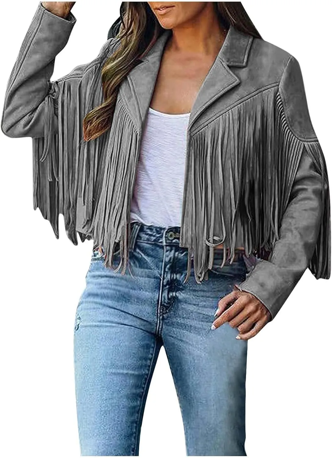 BOXIACEY Fringe Jacket Women Faux Suede Leather Tassel Jackets Solid Motorcycle Open Front Coat Fall Fashion 2025 Outerwear