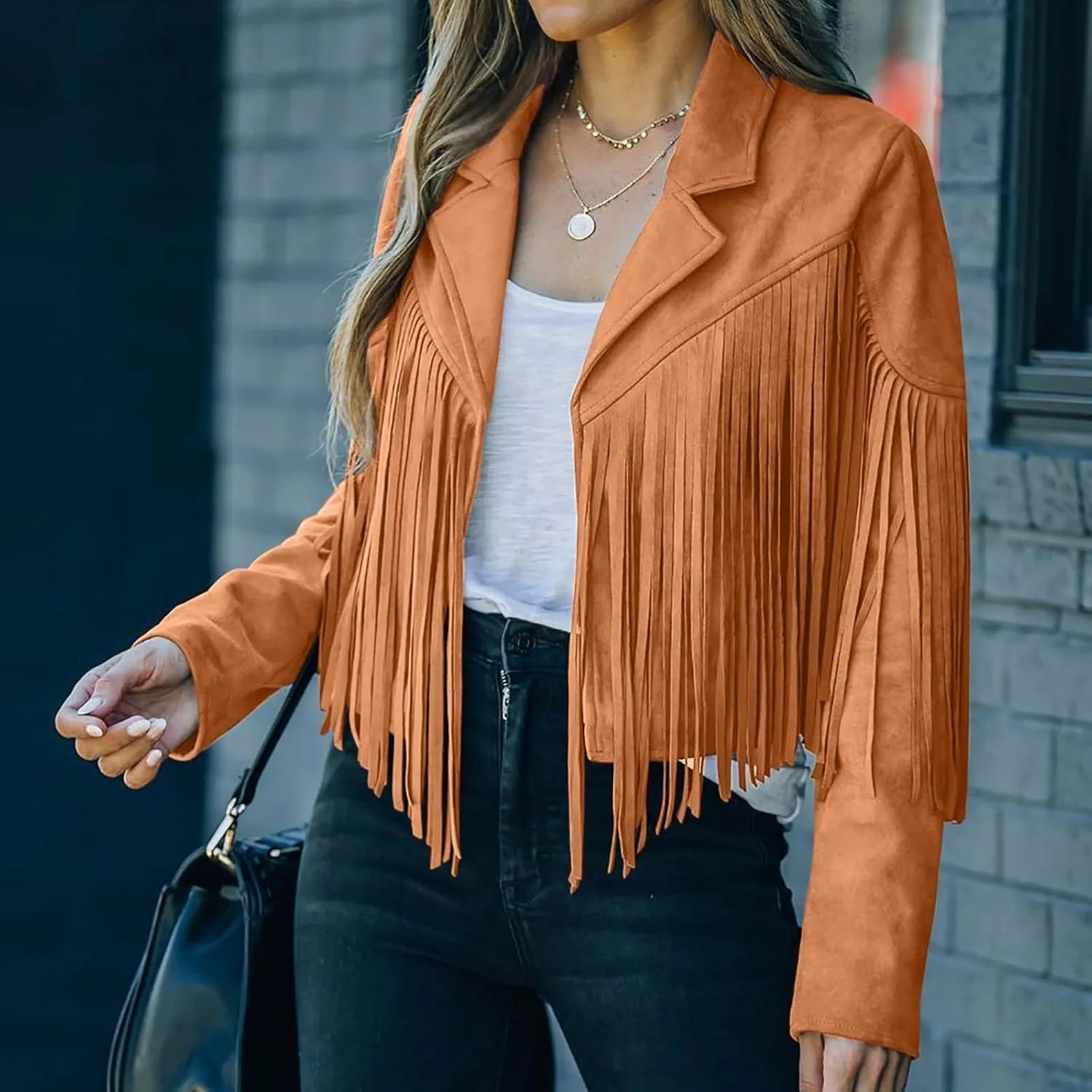BOXIACEY Fringe Jacket Women Faux Suede Leather Tassel Jackets Solid Motorcycle Open Front Coat Fall Fashion 2025 Outerwear