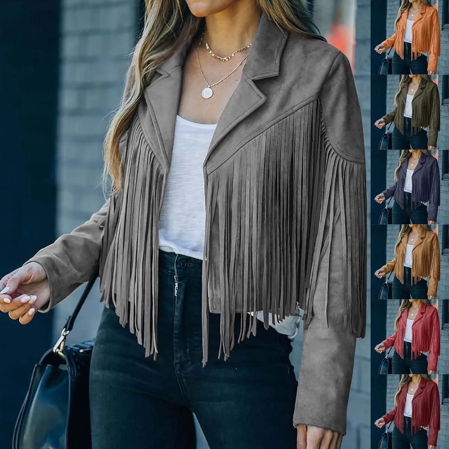 BOXIACEY Fringe Jacket Women Faux Suede Leather Tassel Jackets Solid Motorcycle Open Front Coat Fall Fashion 2025 Outerwear