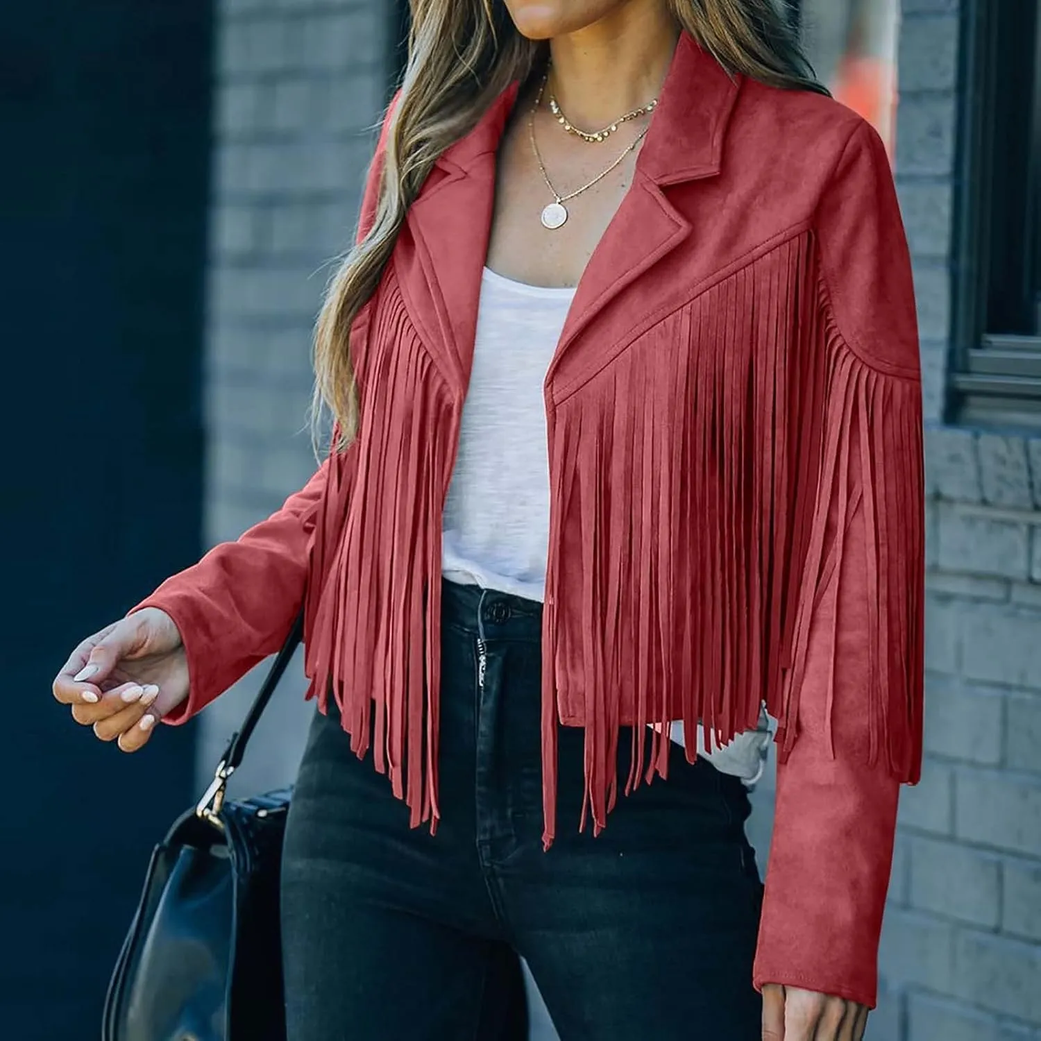 BOXIACEY Fringe Jacket Women Faux Suede Leather Tassel Jackets Solid Motorcycle Open Front Coat Fall Fashion 2025 Outerwear