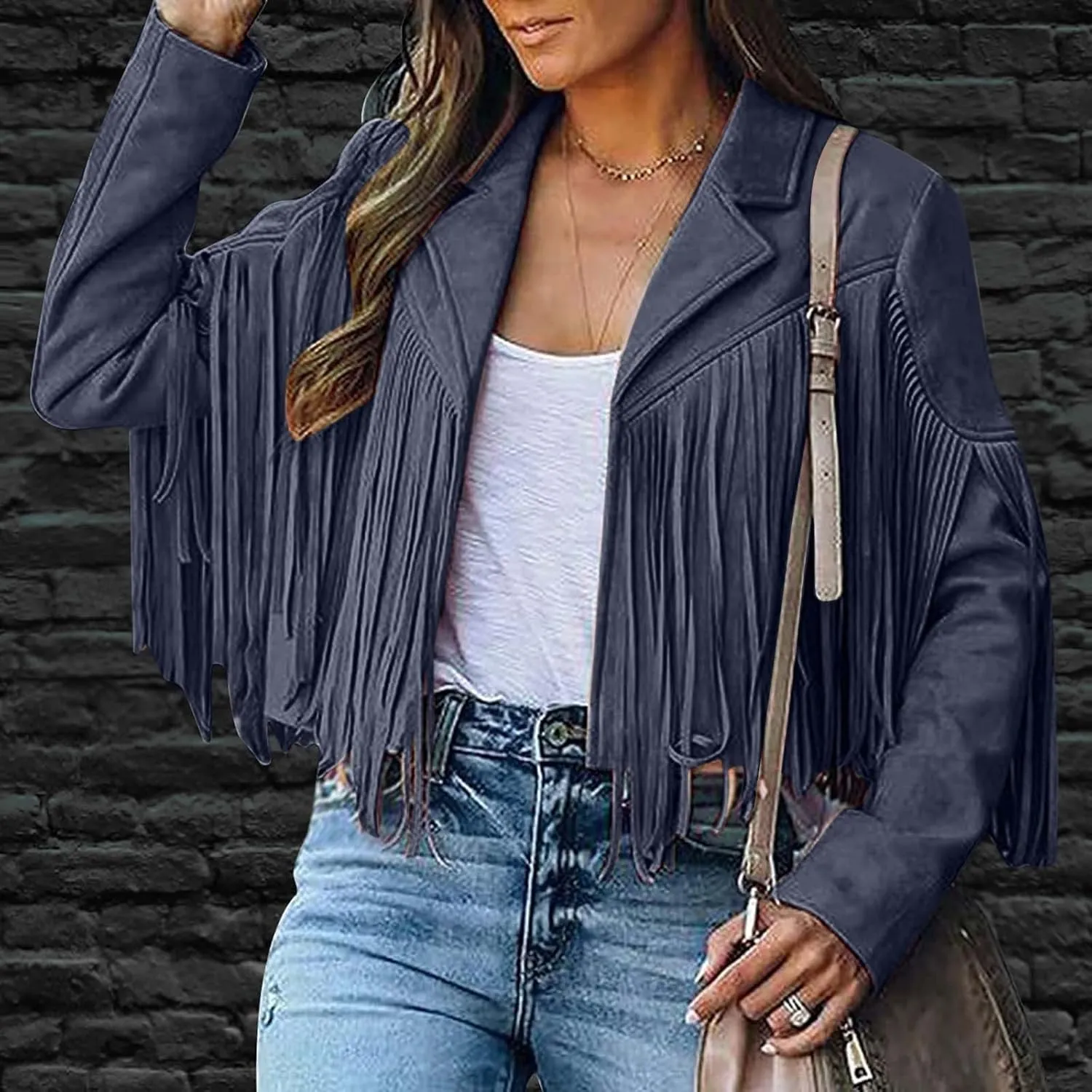 BOXIACEY Fringe Jacket Women Faux Suede Leather Tassel Jackets Solid Motorcycle Open Front Coat Fall Fashion 2025 Outerwear